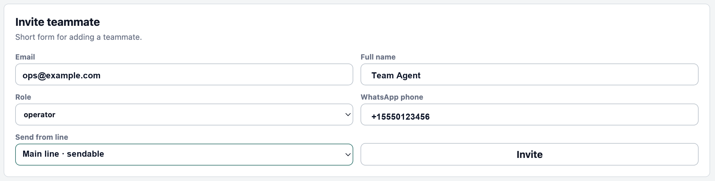 EZWhatsApp invite teammate screen with WhatsApp invite delivery
