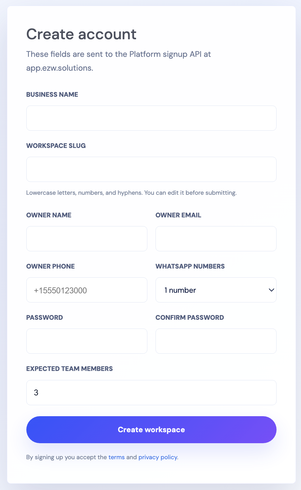 EZWhatsApp signup and workspace creation screen