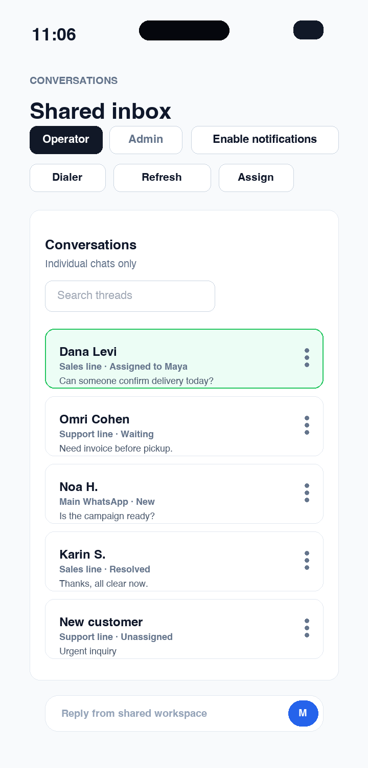 Mobile app screenshot placeholder showing shared inbox conversations, assignment, and mobile team supervision